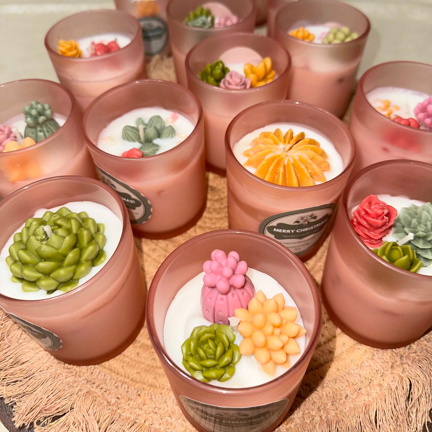 Elegant Succulent-Themed Candles in Pastel Holders